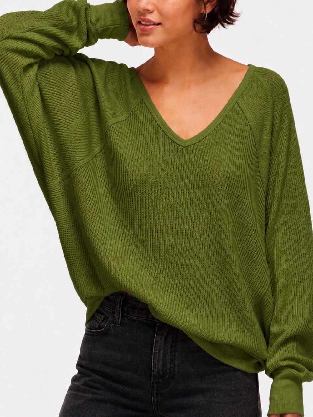 Free People Santa Clara Thermal Top Green Oversized Waffle NWT XS